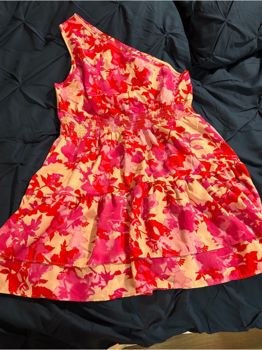 Women’s One-Shoulder Pink & Red Floral Tiered Dress
